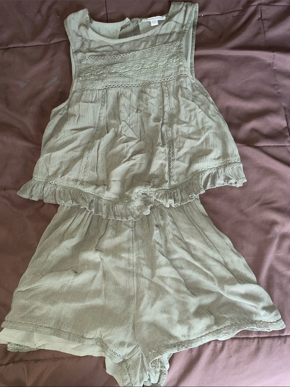 American Eagle Outfitters Olive Green Ruffle Romper